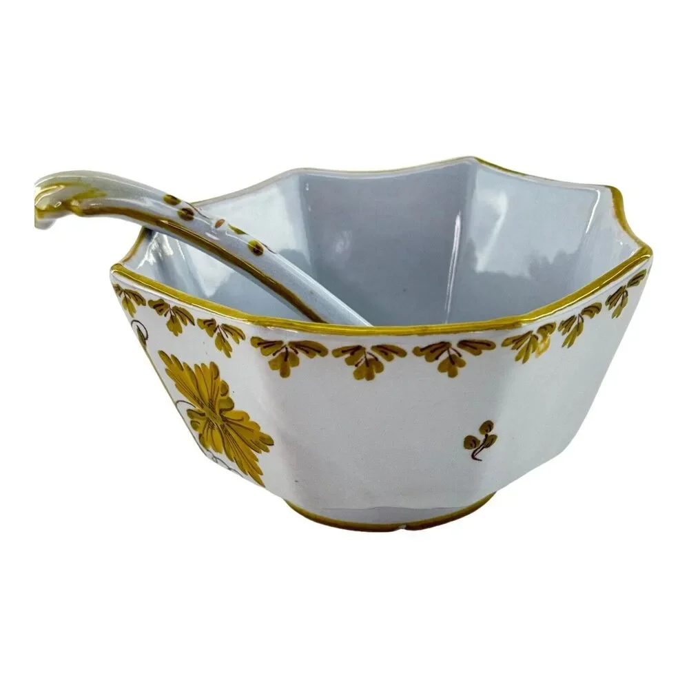 Vintage Mid Century Italian Octagon Soup Bowl Spoon Golden Leaves Made In Italy